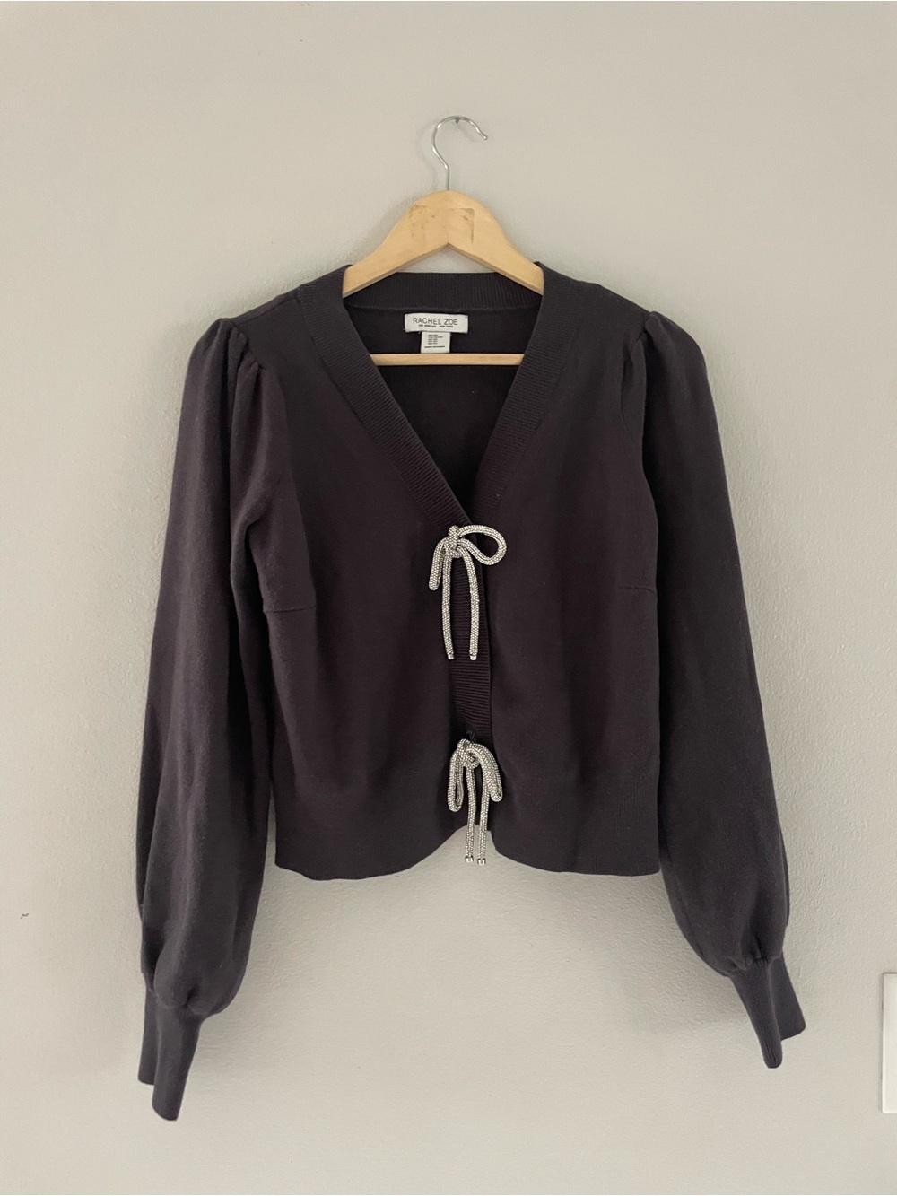 Rachel Zoe Dark Grey Black Button Front Puff Sleeve Cardigan